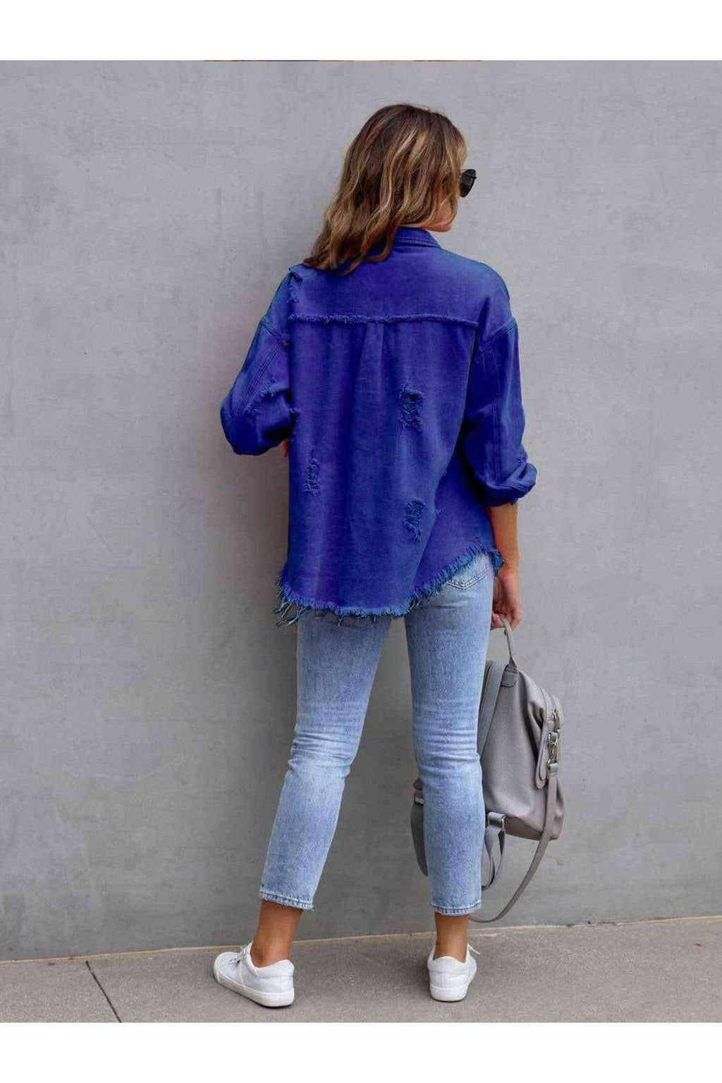 Distressed Drop Shoulder Denim Jacket in - Shirts & Tops photo