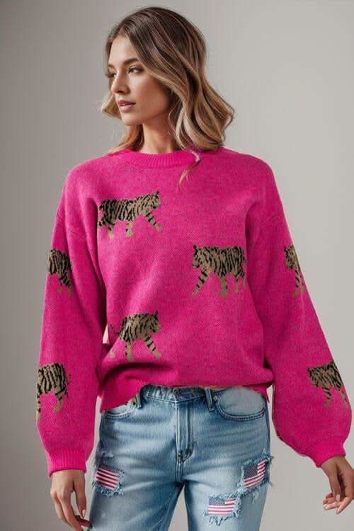 Avalynn Tiger Pattern Round Neck Drop Shoulder Sweater - SwagglyLife Home & Fashion Avalynn Tiger Pattern Round Neck Drop Shoulder Sweater - SwagglyLife Home & Fashion