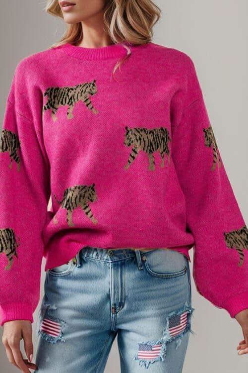 Avalynn Tiger Pattern Round Neck Drop Shoulder Sweater - SwagglyLife Home & Fashion Avalynn Tiger Pattern Round Neck Drop Shoulder Sweater - SwagglyLife Home & Fashion