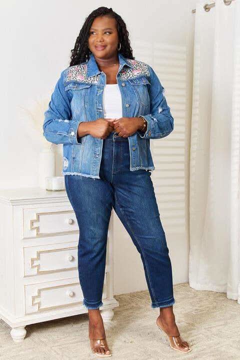 Baeful Leopard Floral Distressed Raw Hem Denim Jacket in - Coats & Jackets photo