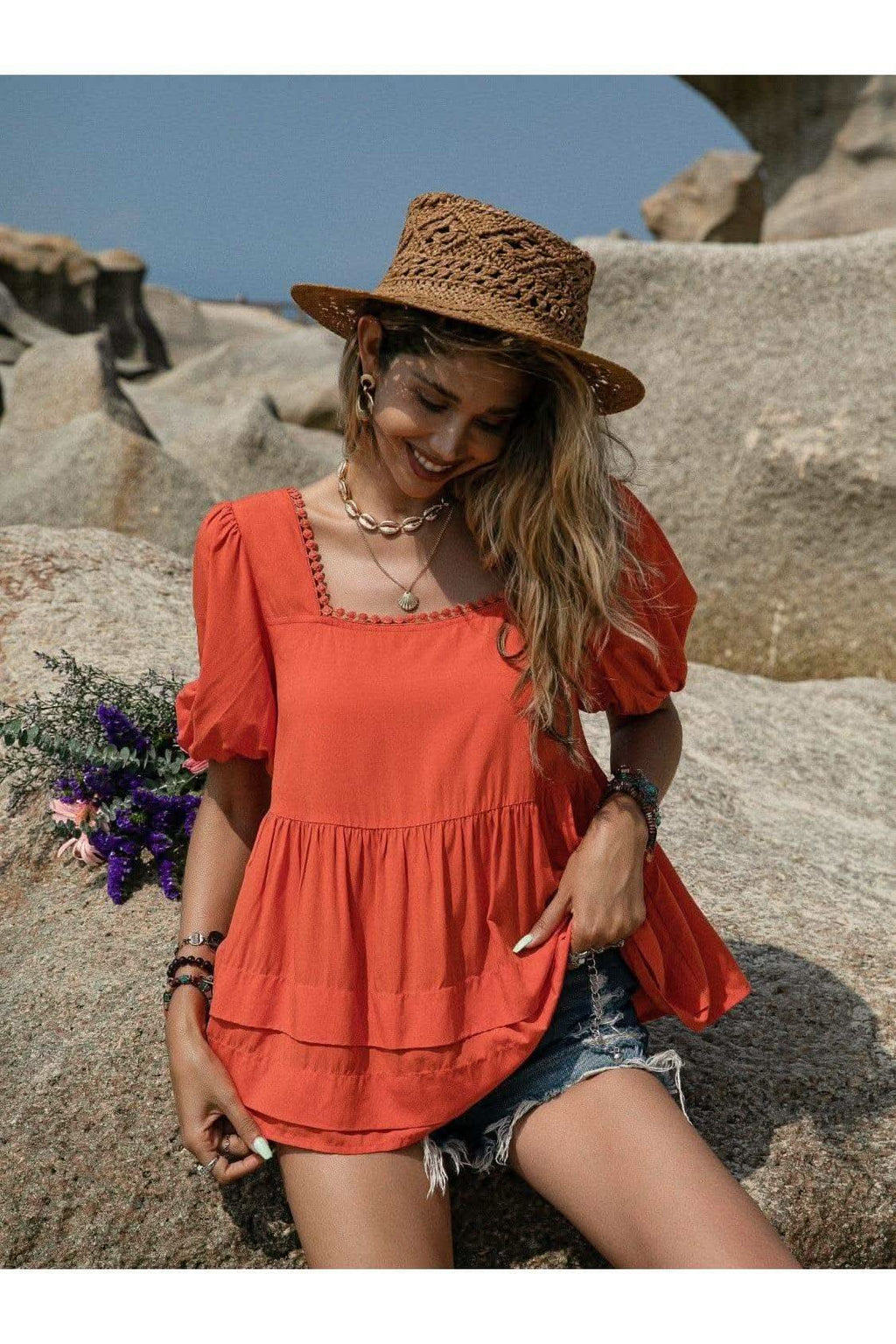 Beach Bound Peplum Square Neck Short Sleeve Blouse - SwagglyLife Home & Fashion