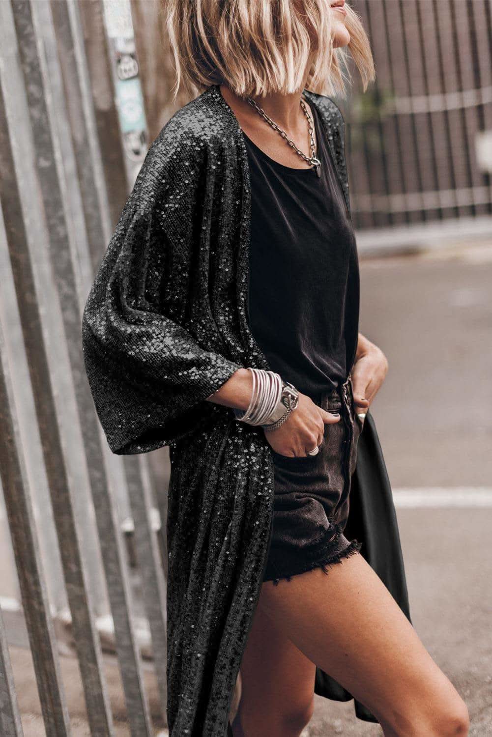 Brynlee Sequin Open Front Duster Cardigan in - Shirts & Tops photo