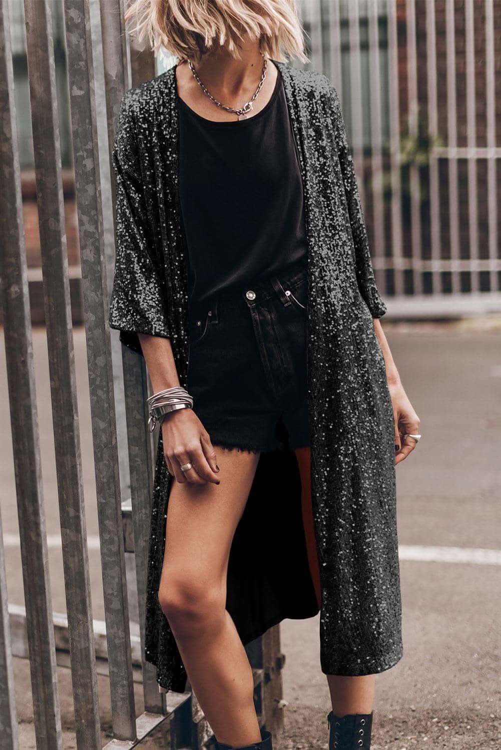 Brynlee Sequin Open Front Duster Cardigan in - Shirts & Tops photo