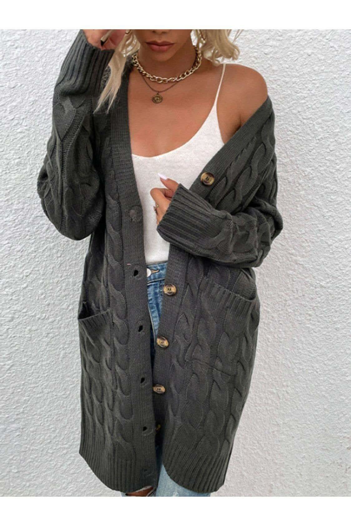 Cable-Knit Button Down Cardigan with Pockets, Multiple Colors - SwagglyLife Home & Fashion Cable-Knit Button Down Cardigan with Pockets, Multiple Colors - SwagglyLife Home & Fashion