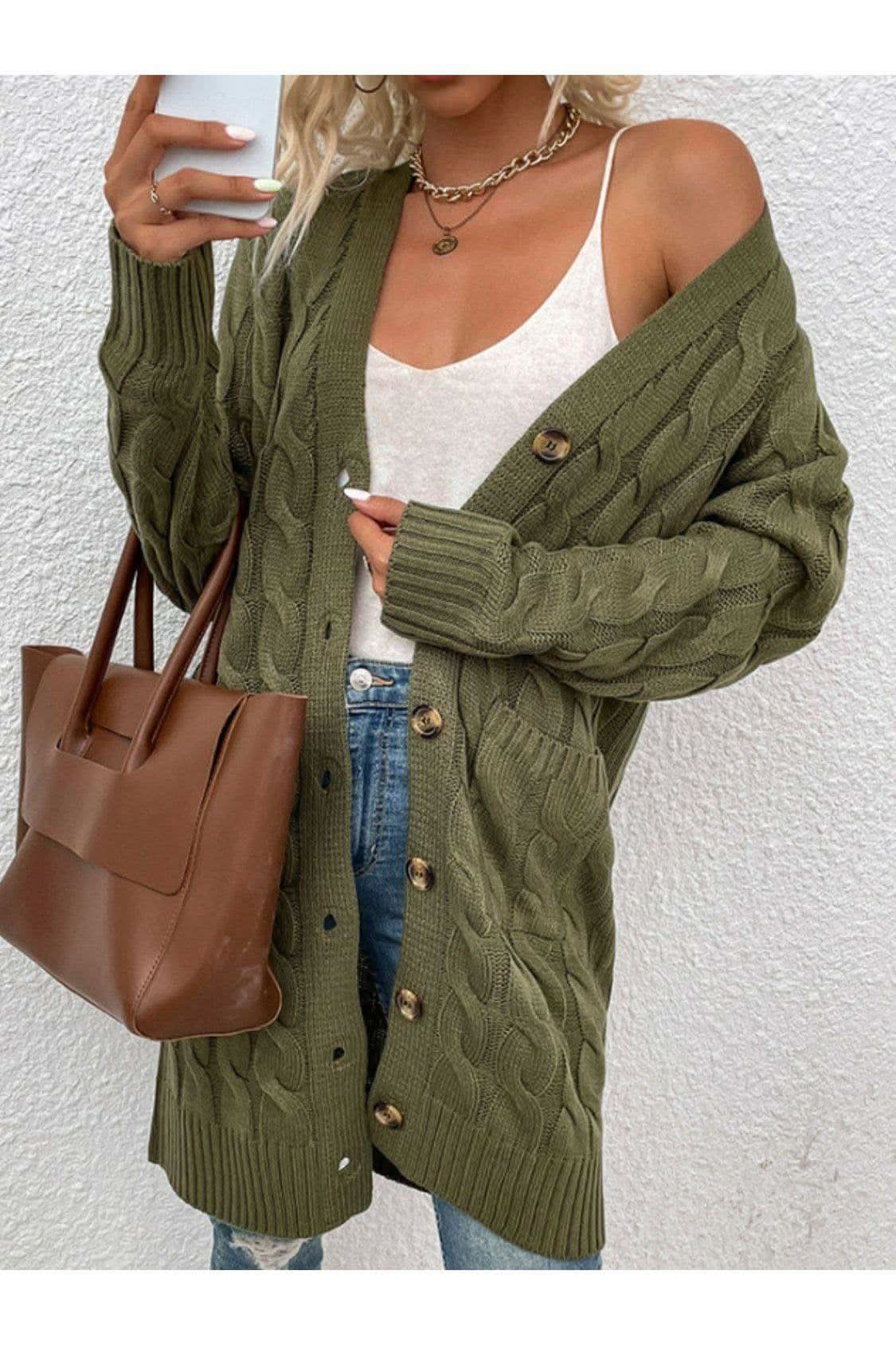 Cable-Knit Button Down Cardigan with Pockets, Multiple Colors - SwagglyLife Home & Fashion Cable-Knit Button Down Cardigan with Pockets, Multiple Colors - SwagglyLife Home & Fashion