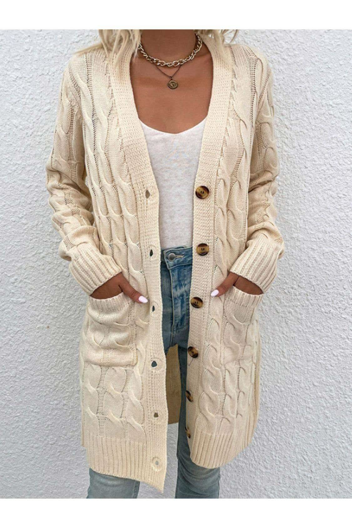 Cable-Knit Button Down Cardigan with Pockets, Multiple Colors - SwagglyLife Home & Fashion Cable-Knit Button Down Cardigan with Pockets, Multiple Colors - SwagglyLife Home & Fashion