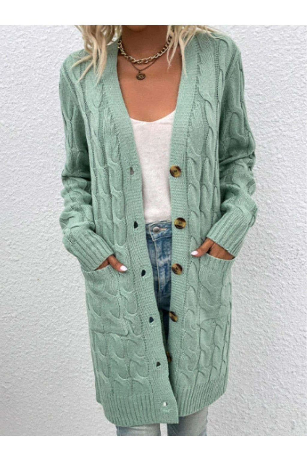 Cable-Knit Button Down Cardigan with Pockets, Multiple Colors - SwagglyLife Home & Fashion