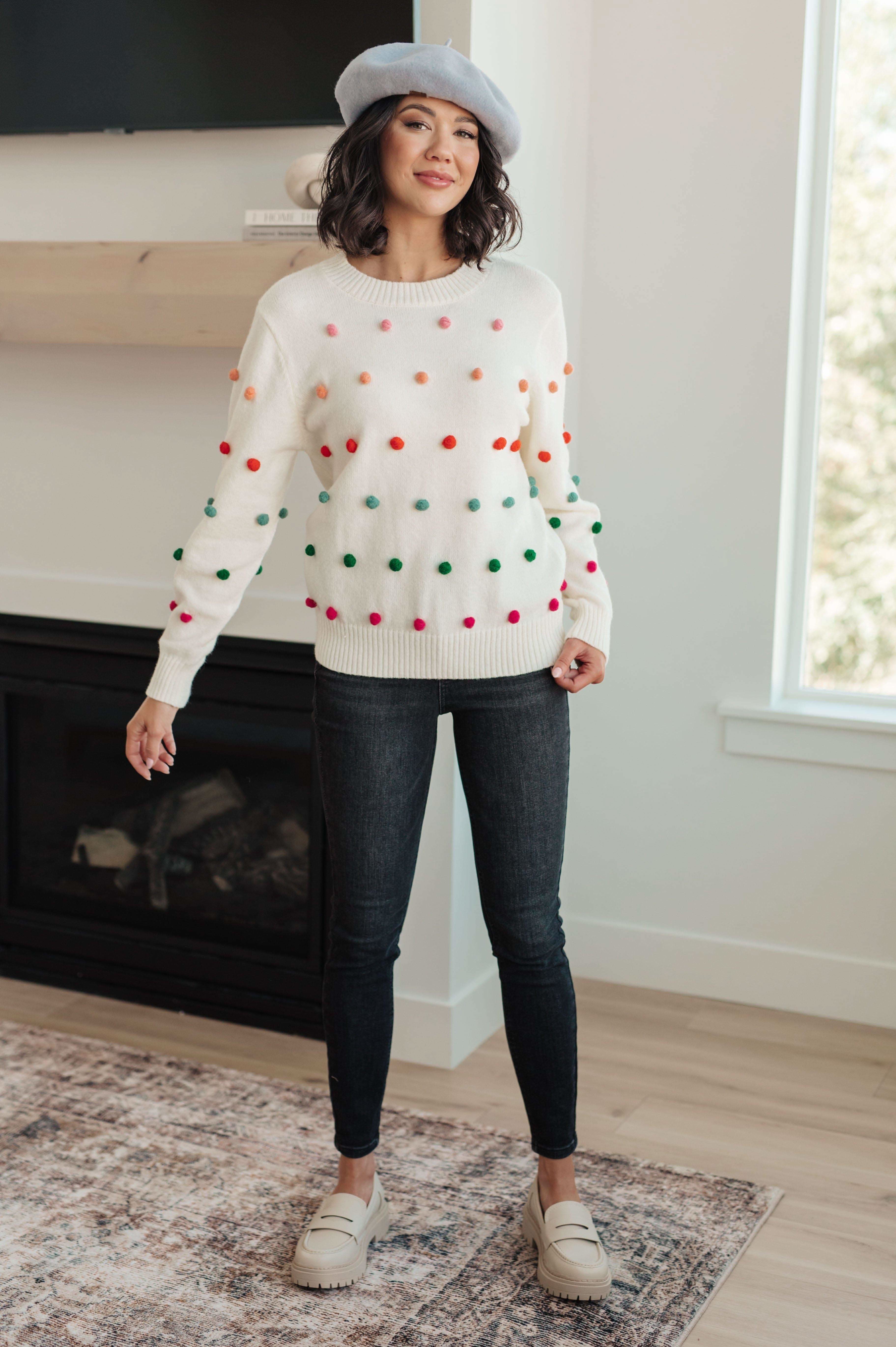 Candy Buttons Pom Detail Sweater - SwagglyLife Home & Fashion Candy Buttons Pom Detail Sweater - SwagglyLife Home & Fashion