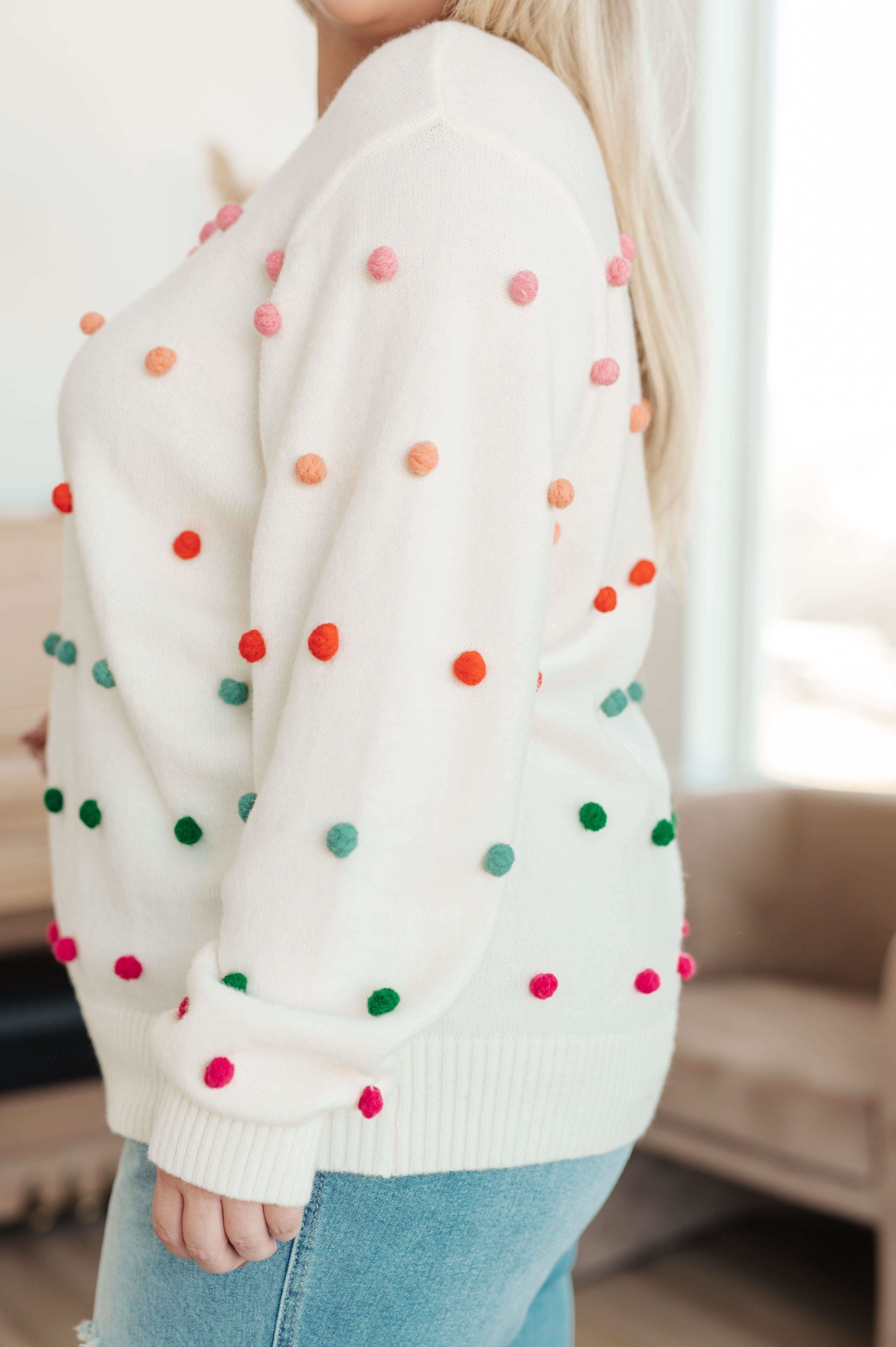 Candy Buttons Pom Detail Sweater - SwagglyLife Home & Fashion Candy Buttons Pom Detail Sweater - SwagglyLife Home & Fashion