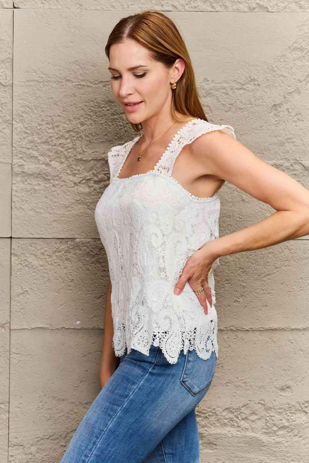 Paisley Lace Detail Square Neck Tank Top - SwagglyLife Home & Fashion