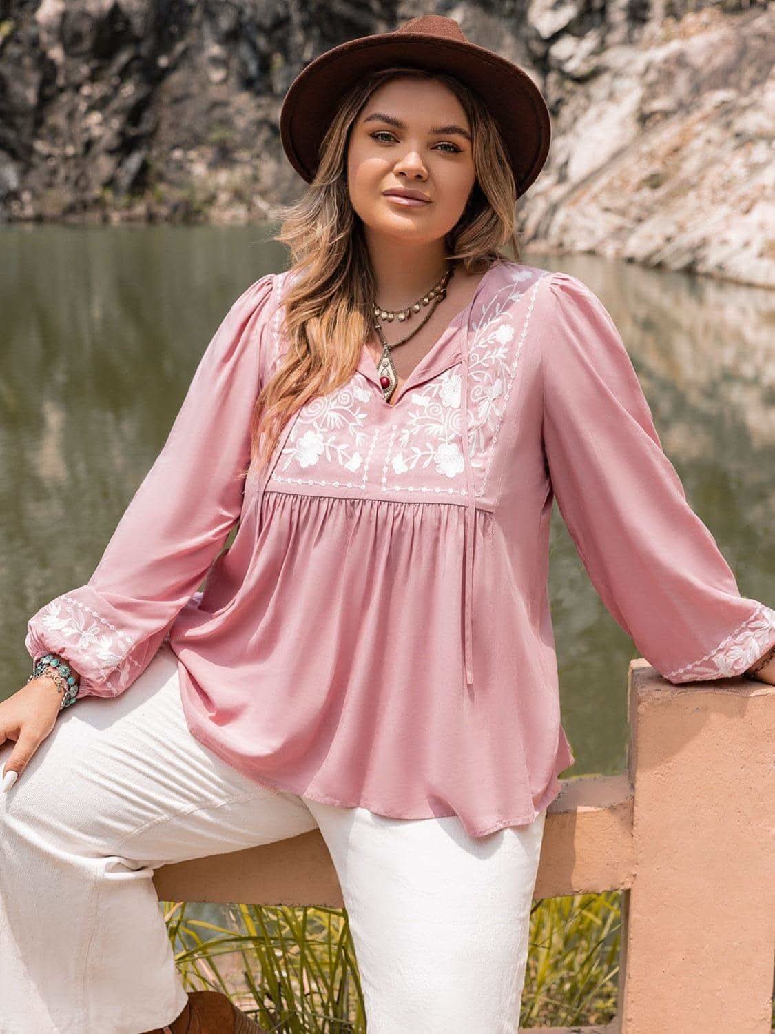 Chloé Plus Size Tie Neck Puff Sleeve Blouse - SwagglyLife Home & Fashion Chloé Plus Size Tie Neck Puff Sleeve Blouse - SwagglyLife Home & Fashion