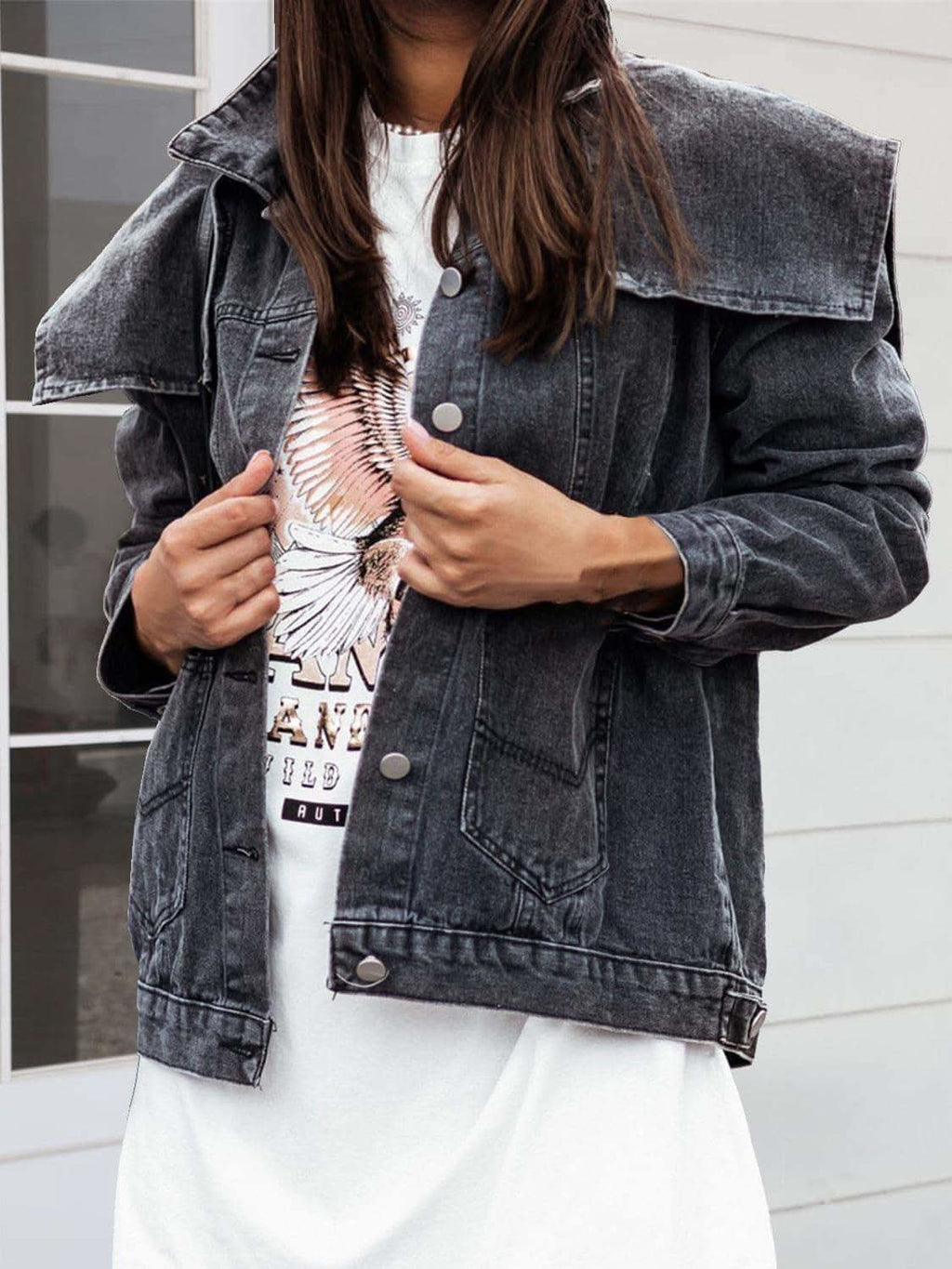 Collared Neck Button Down Denim Jacket in Black - Jackets photo