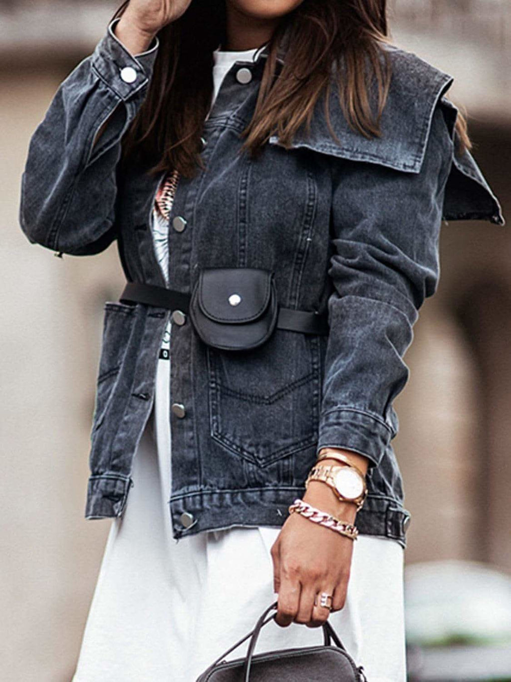 Collared Neck Button Down Denim Jacket in - Jackets photo