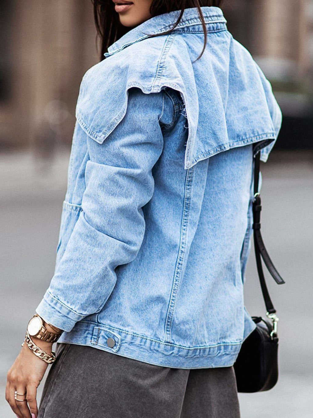 Collared Neck Button Down Denim Jacket in - Jackets photo