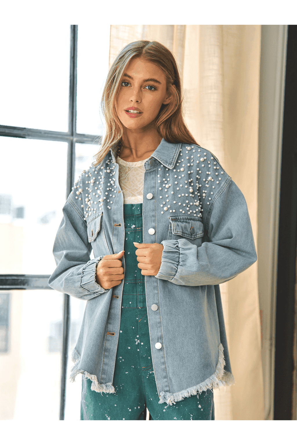 Collared Neck Raw Hem Dropped Shoulder Denim Jacket in Light - Coats & Jackets photo