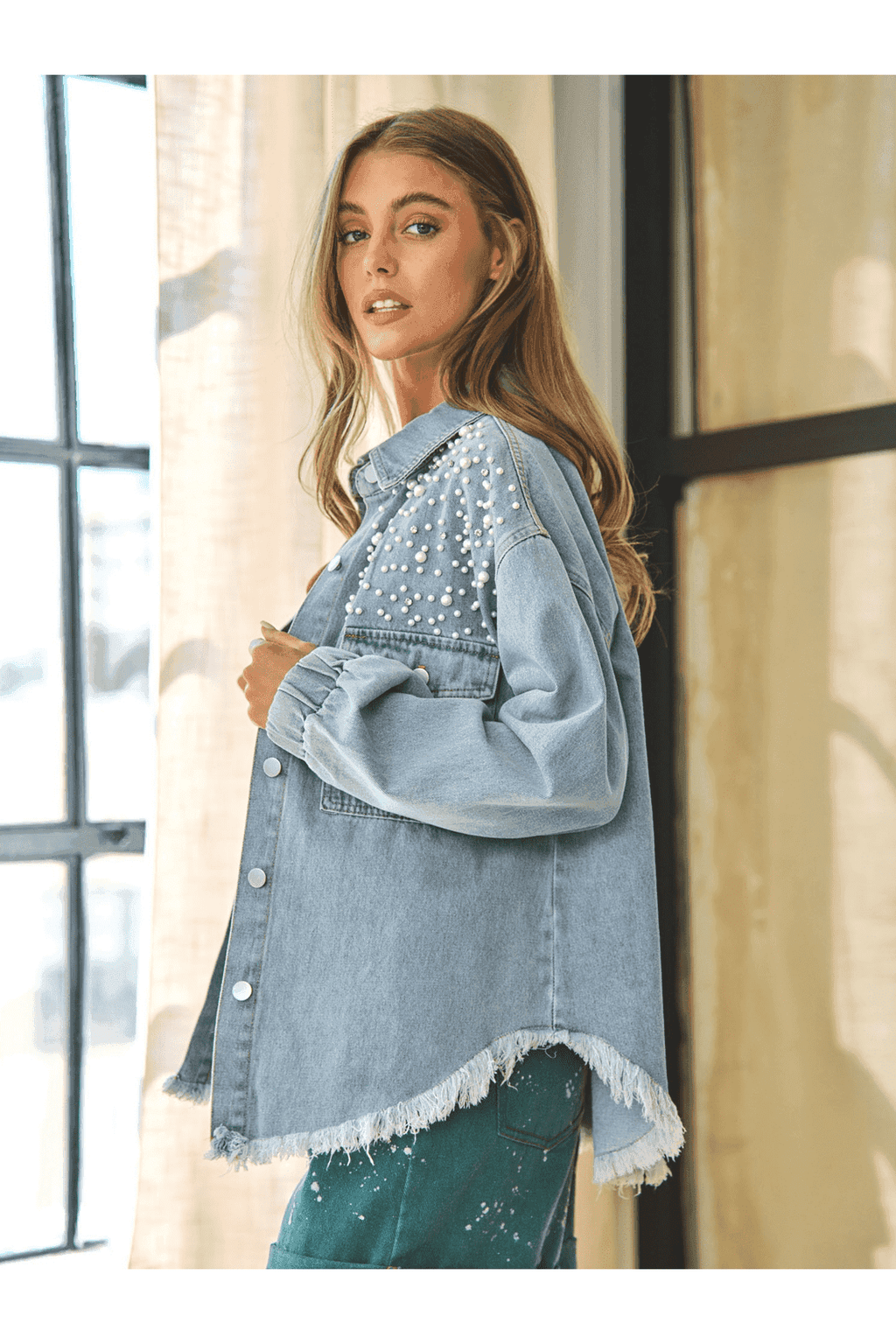Collared Neck Raw Hem Dropped Shoulder Denim Jacket in - Coats & Jackets photo