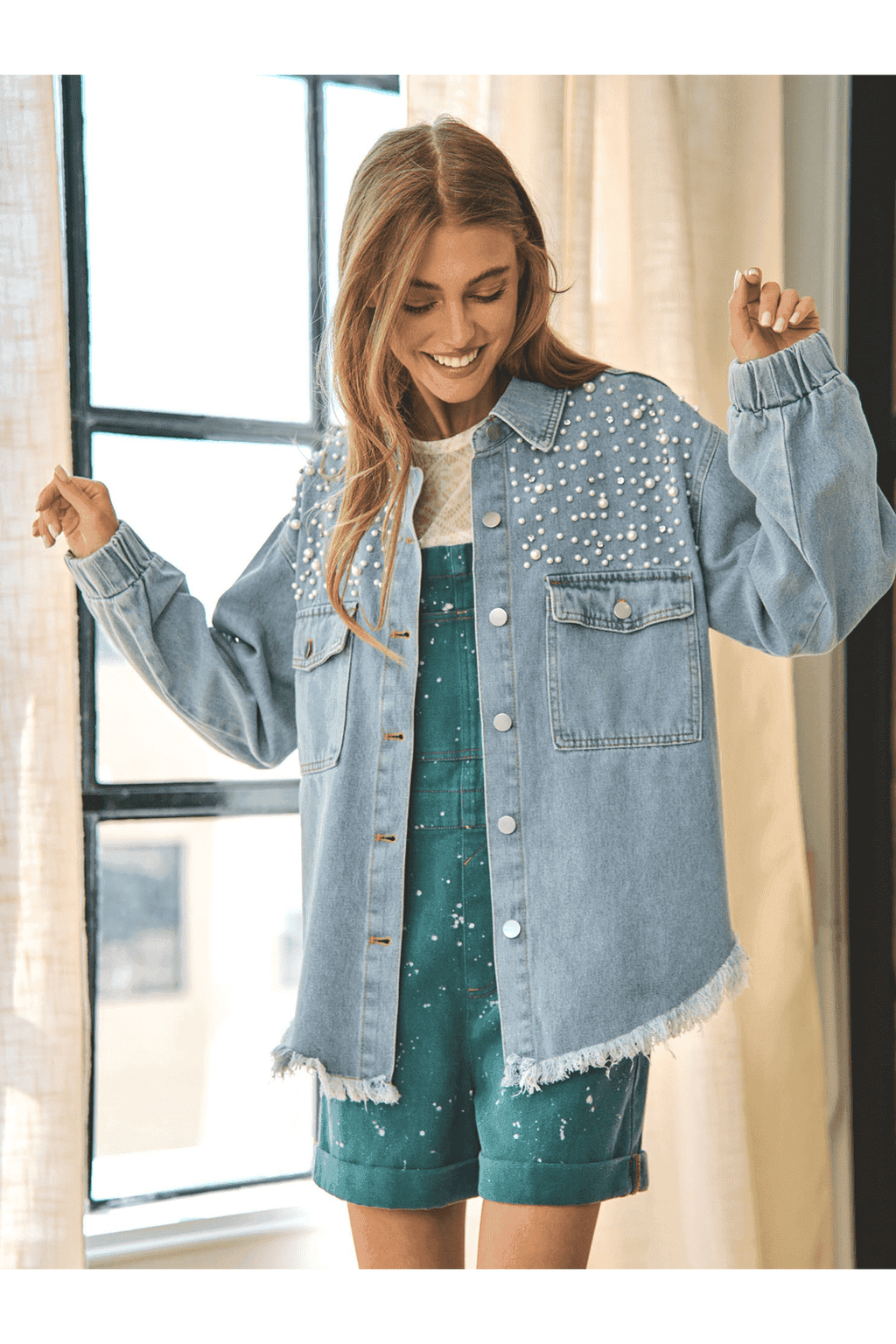 Collared Neck Raw Hem Dropped Shoulder Denim Jacket in - Coats & Jackets photo