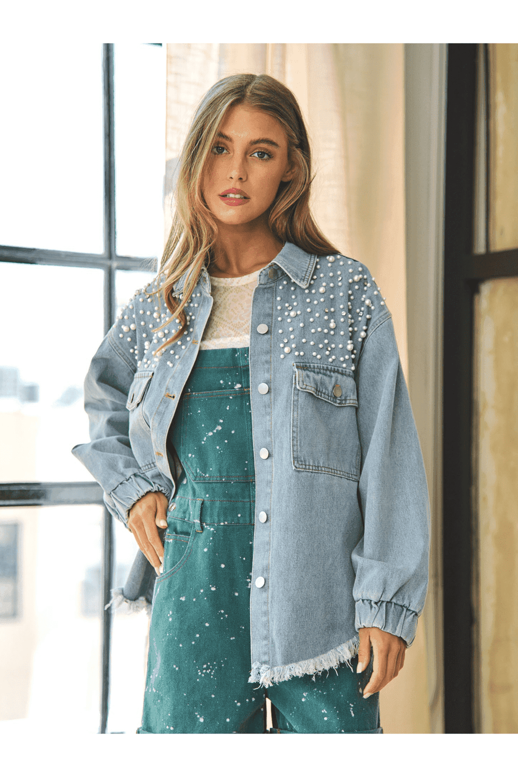 Collared Neck Raw Hem Dropped Shoulder Denim Jacket in - Coats & Jackets photo