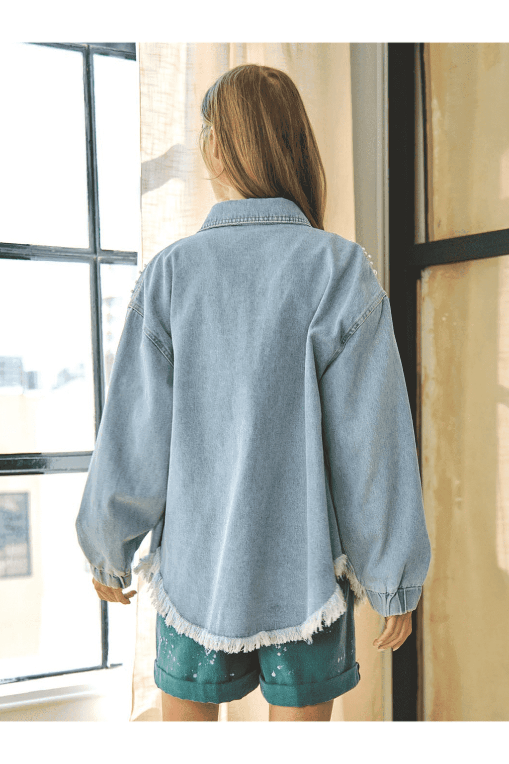 Collared Neck Raw Hem Dropped Shoulder Denim Jacket in - Coats & Jackets photo