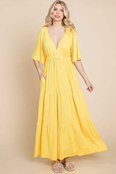 Culture Code Backless Plunge Half Sleeve Tiered Dress in LEMONADE - Dresses photo