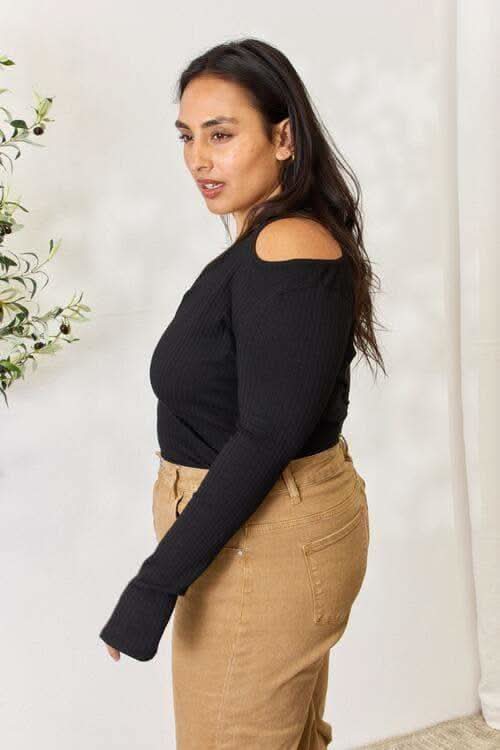 Culture Code Full Size Ribbed Surplice Cold Shoulder Top in - Shirts & Tops photo