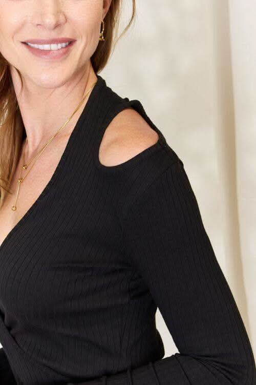 Culture Code Full Size Ribbed Surplice Cold Shoulder Top in - Shirts & Tops photo