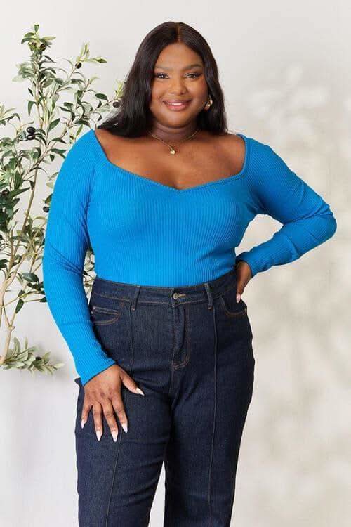 Culture Code Full Size Ribbed Sweetheart Neck Knit Top in Blue Teal - Shirts & Tops photo