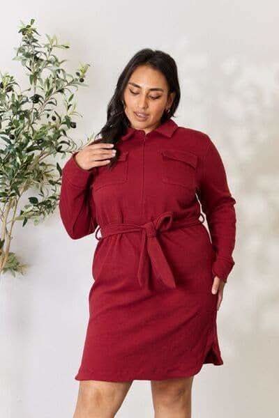 Culture Code Full Size Tie Front Half Zip Long Sleeve Shirt Dress in BURGUNDY - Dresses photo
