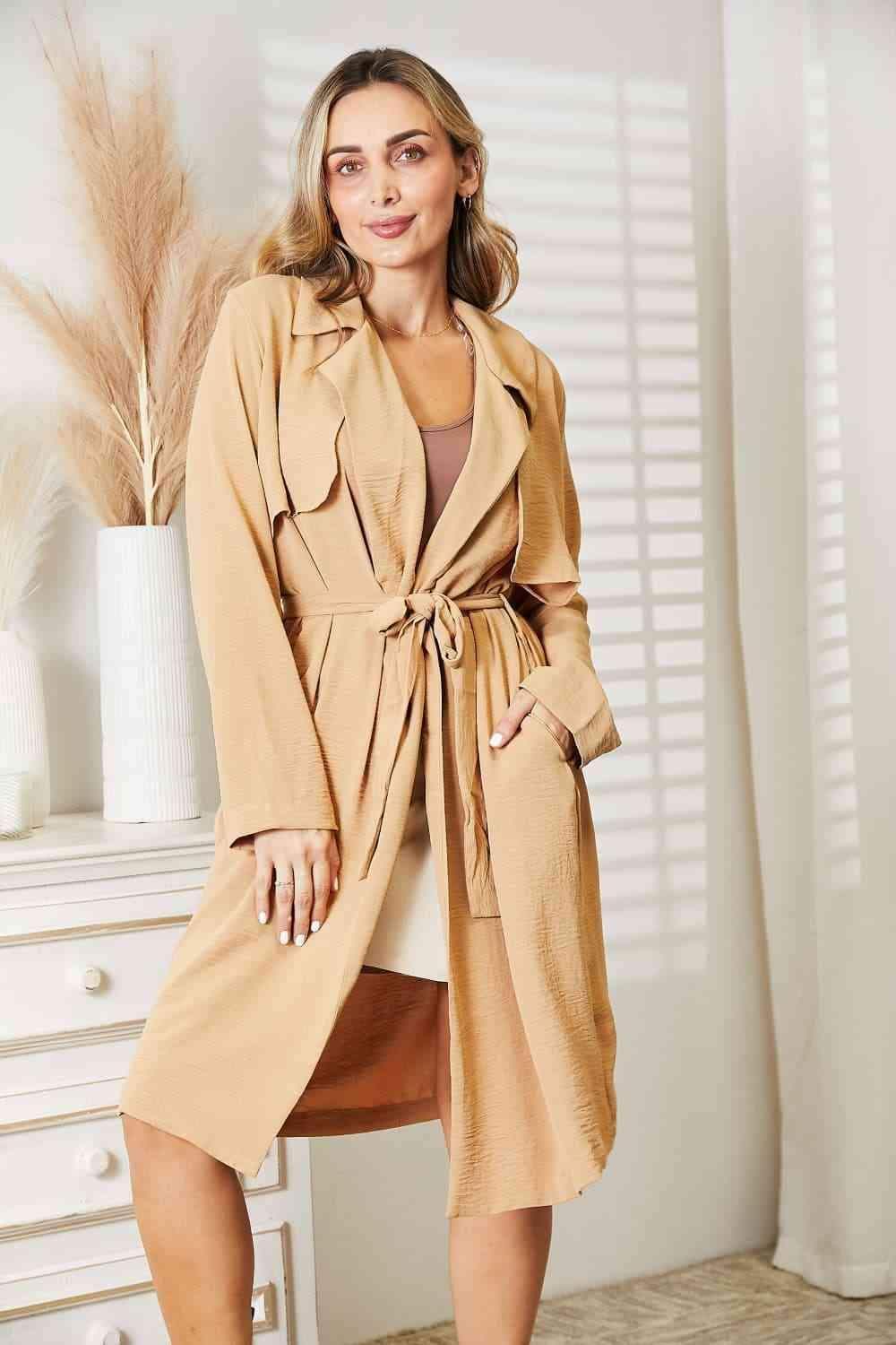 Culture Code Tied Trench Coat with Pockets in Tan - photo