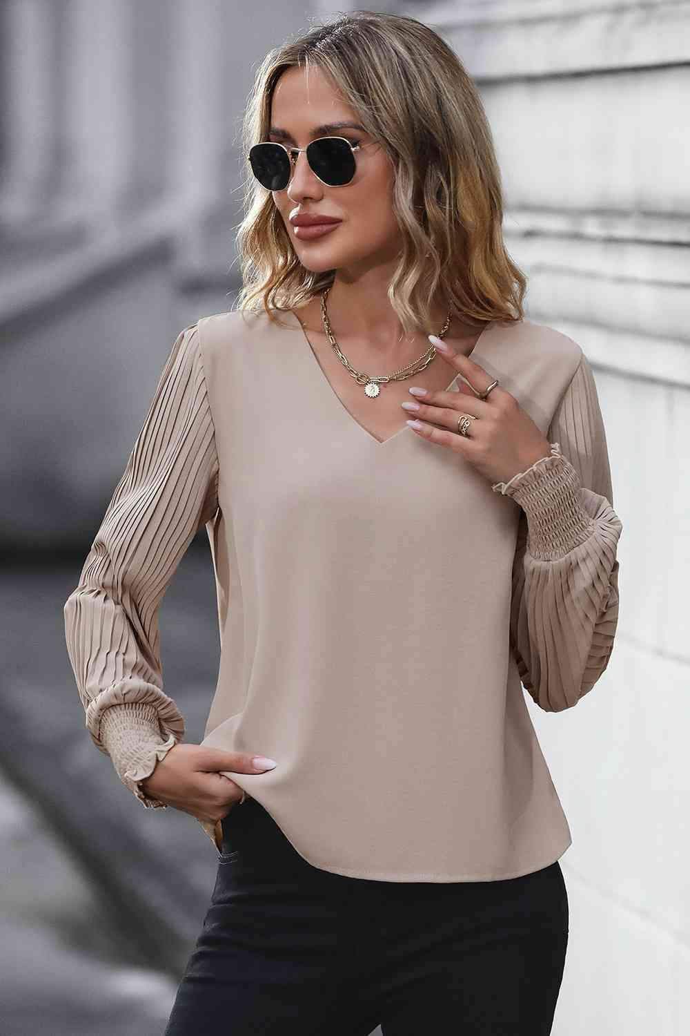 Dana Pleated Lantern Sleeve V-Neck Blouse - SwagglyLife Home & Fashion