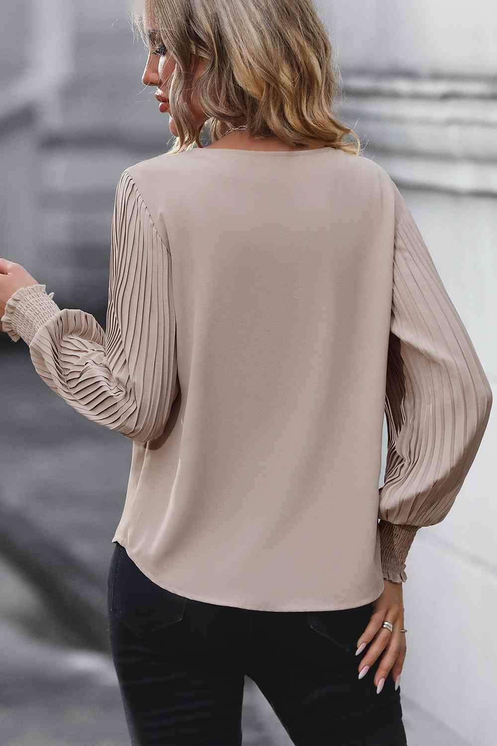 Dana Pleated Lantern Sleeve V-Neck Blouse - SwagglyLife Home & Fashion