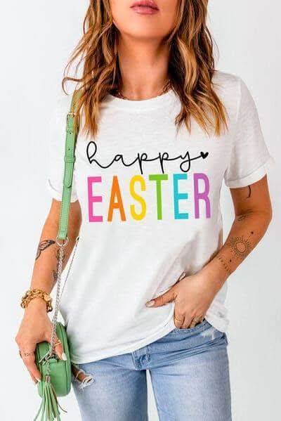 HAPPY EASTER Round Neck Short Sleeve T-Shirt in White - Shirts & Tops photo