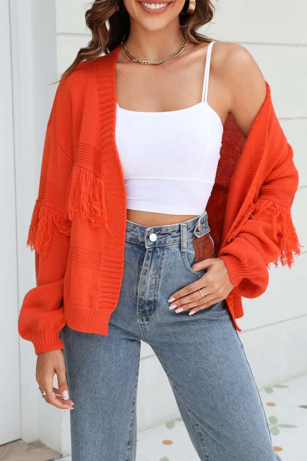 Double Take Fringe Trim Open Front Cardigan, 4 Colors - SwagglyLife Home & Fashion