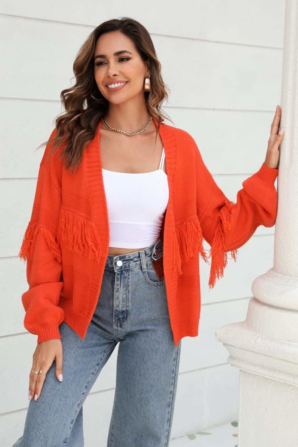 Double Take Fringe Trim Open Front Cardigan, 4 Colors - SwagglyLife Home & Fashion