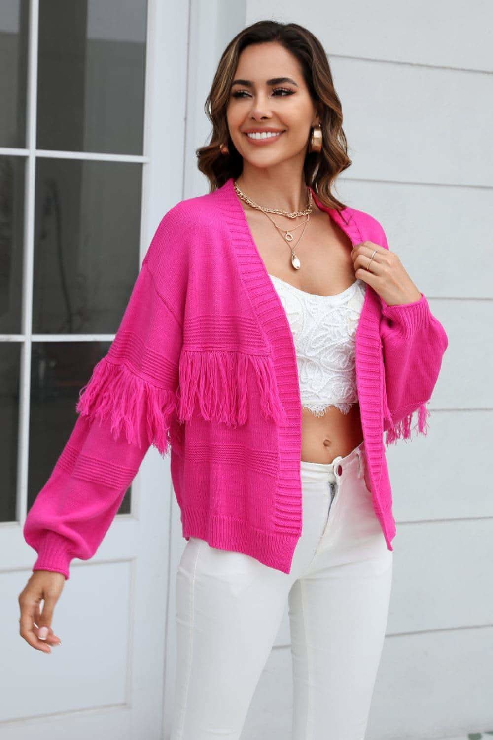 Double Take Fringe Trim Open Front Cardigan, 4 Colors - SwagglyLife Home & Fashion