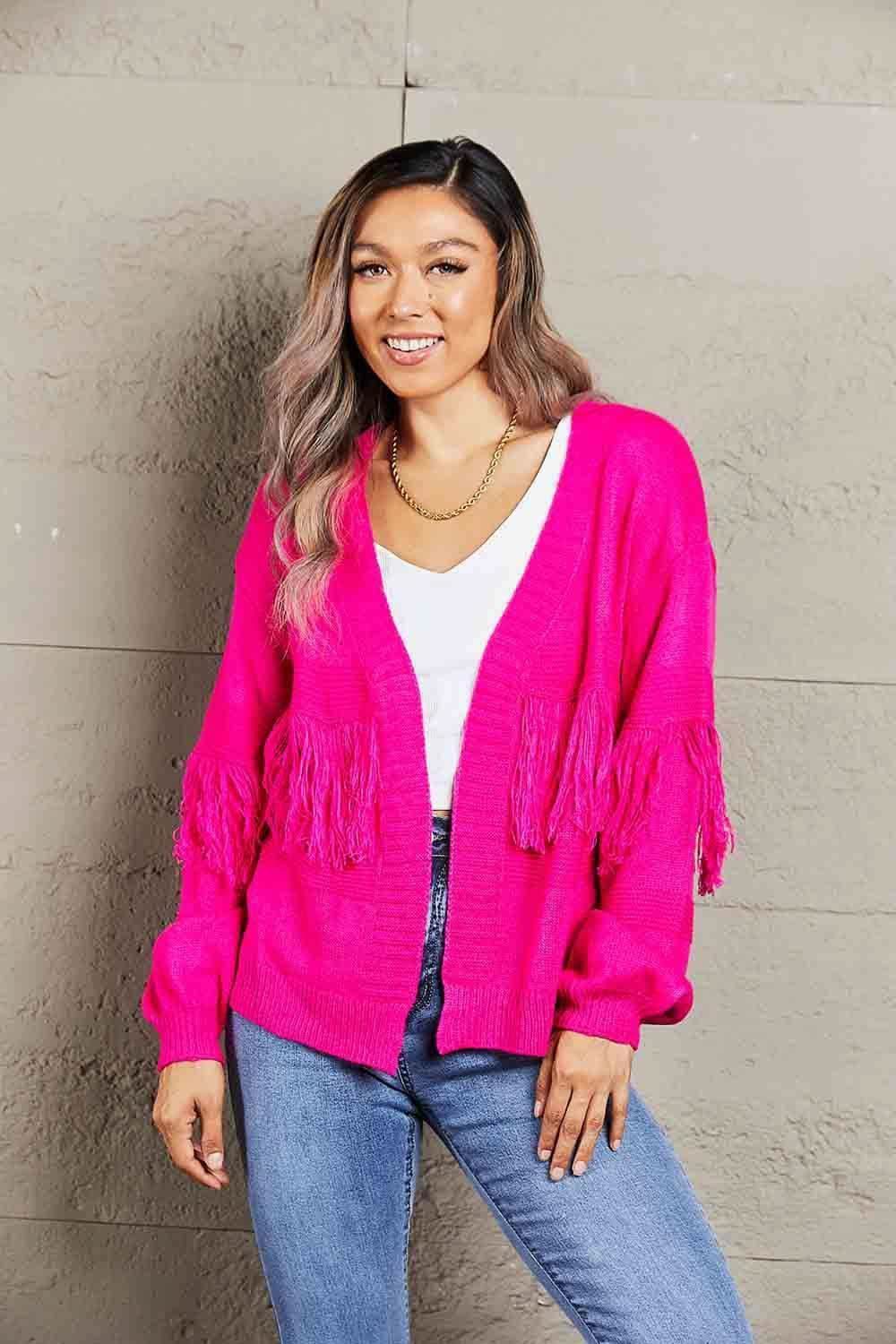 Double Take Fringe Trim Open Front Cardigan, 4 Colors - SwagglyLife Home & Fashion