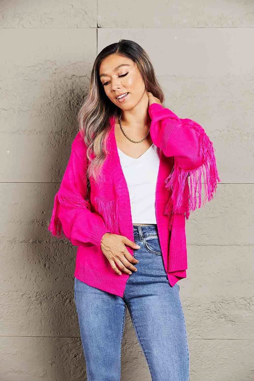 Double Take Fringe Trim Open Front Cardigan, 4 Colors - SwagglyLife Home & Fashion