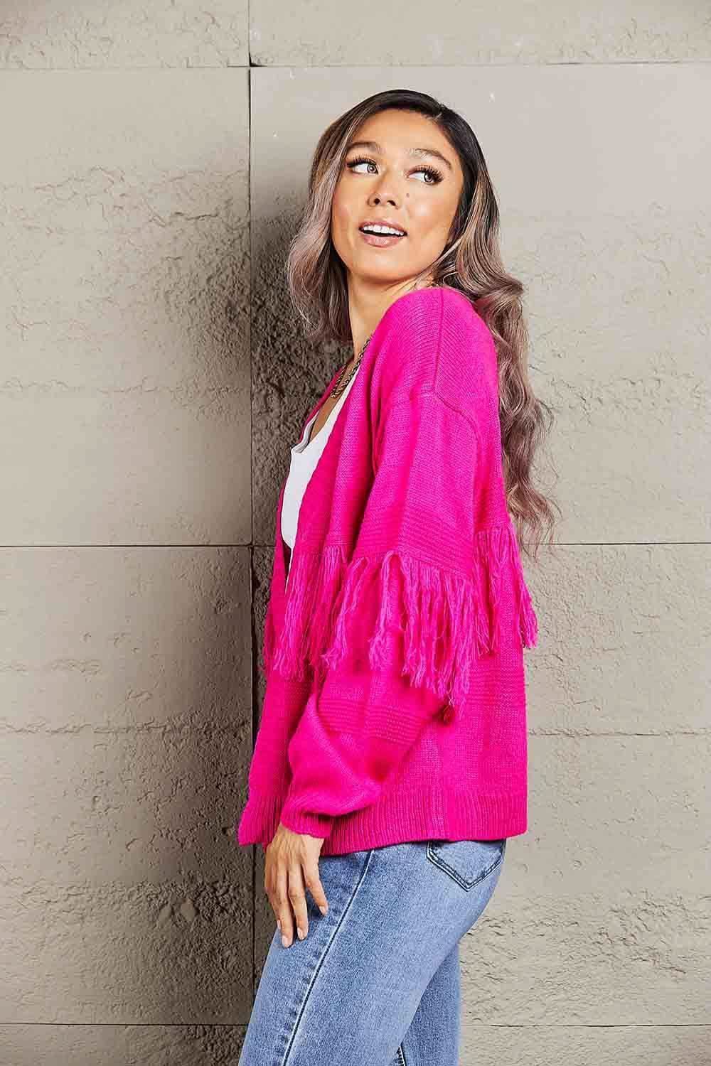 Double Take Fringe Trim Open Front Cardigan, 4 Colors - SwagglyLife Home & Fashion