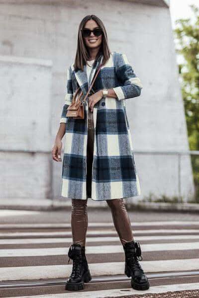 Double Take Full Size Plaid Button Up Lapel Collar Coat in Peacock Blue - Coats & Jackets photo