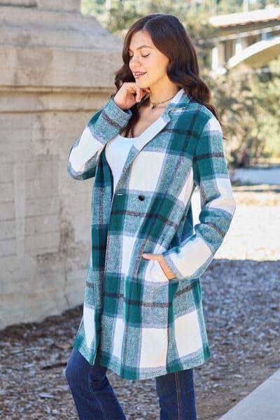 Double Take Full Size Plaid Button Up Lapel Collar Coat in - Coats & Jackets photo