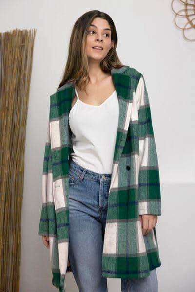 Double Take Full Size Plaid Button Up Lapel Collar Coat in Green - Coats & Jackets photo