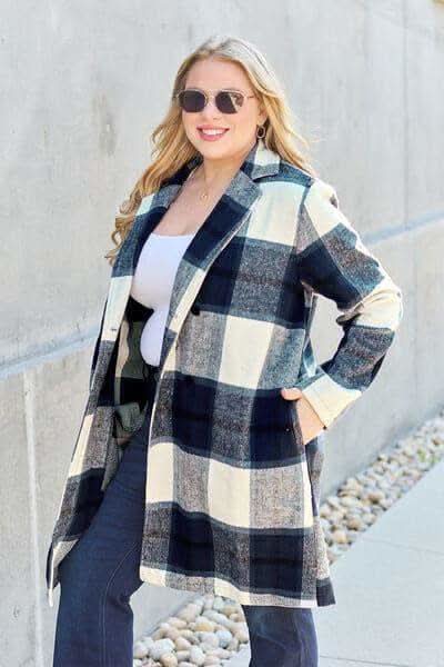 Double Take Full Size Plaid Button Up Lapel Collar Coat in - Coats & Jackets photo