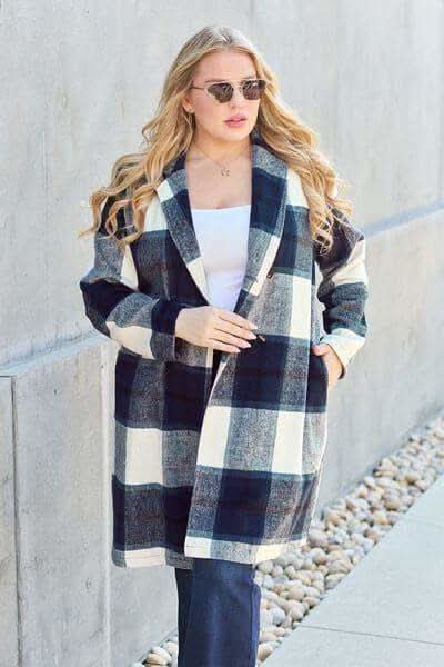 Double Take Full Size Plaid Button Up Lapel Collar Coat in - Coats & Jackets photo