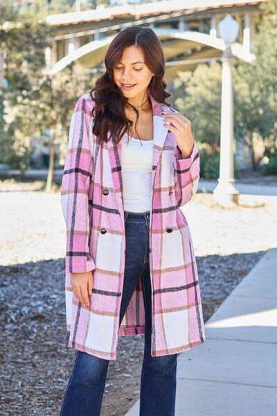 Double Take Full Size Plaid Button Up Lapel Collar Coat in Carnation Pink - Coats & Jackets photo