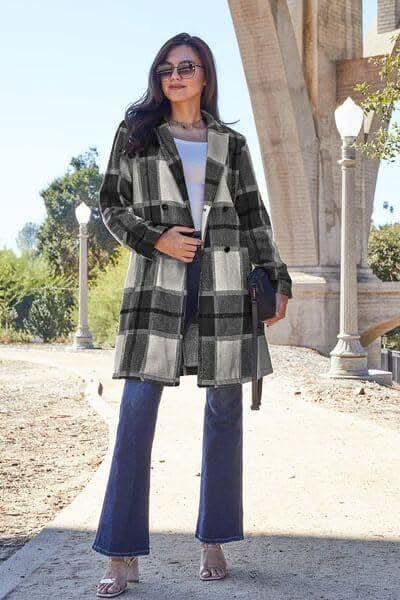 Double Take Full Size Plaid Button Up Lapel Collar Coat in Black - Coats & Jackets photo