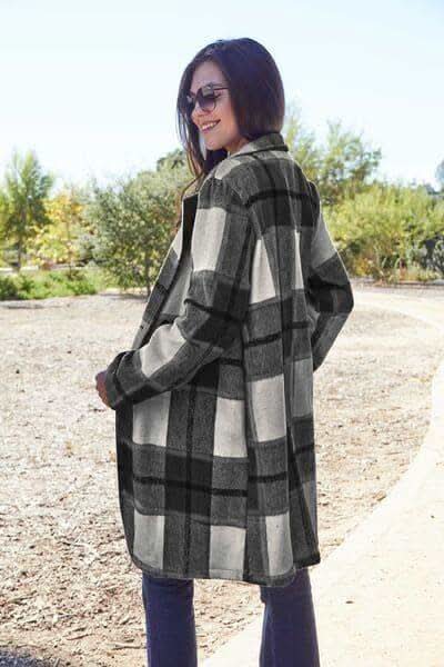 Double Take Full Size Plaid Button Up Lapel Collar Coat in - Coats & Jackets photo