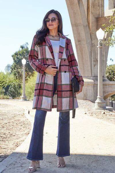 Double Take Full Size Plaid Button Up Lapel Collar Coat in Deep Red - Coats & Jackets photo