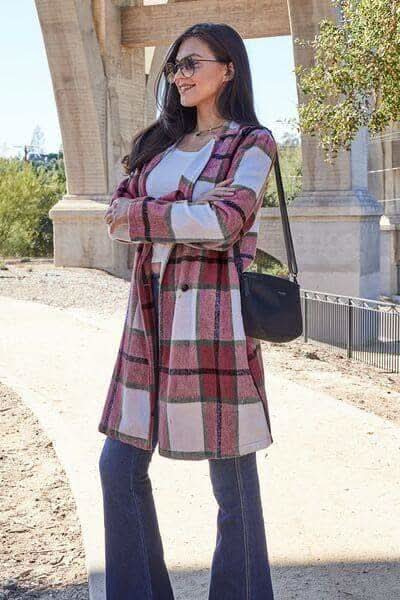 Double Take Full Size Plaid Button Up Lapel Collar Coat in - Coats & Jackets photo