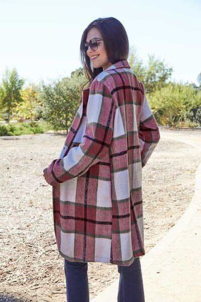 Double Take Full Size Plaid Button Up Lapel Collar Coat in - Coats & Jackets photo