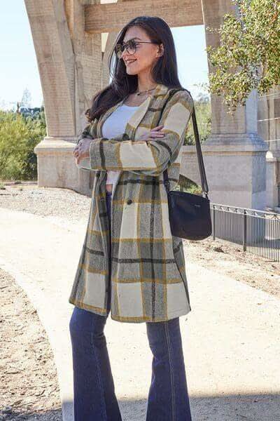 Double Take Full Size Plaid Button Up Lapel Collar Coat in - Coats & Jackets photo